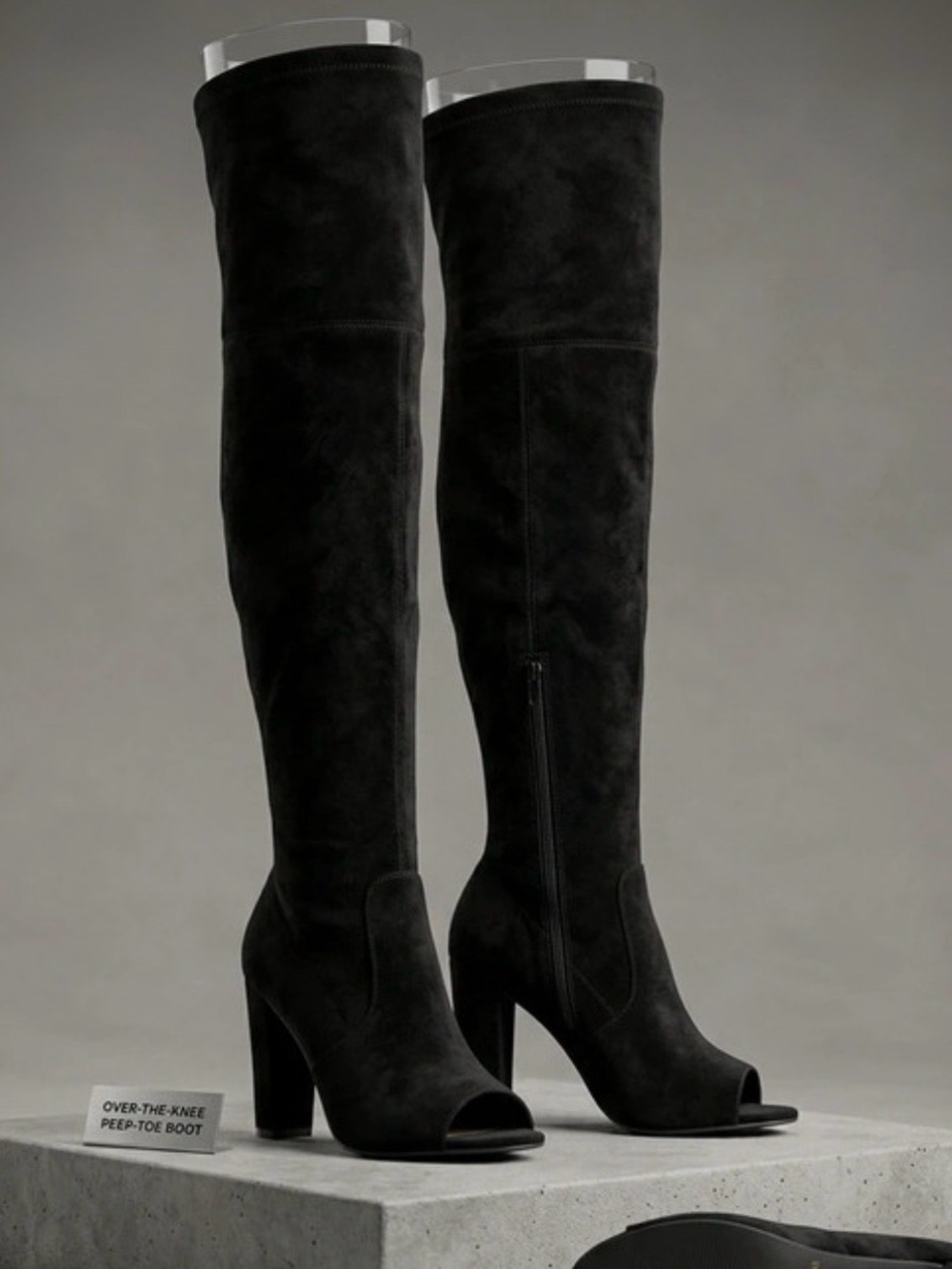 Shoe Dazzle Black Suede Over-the-Knee Peep-Toe Boots